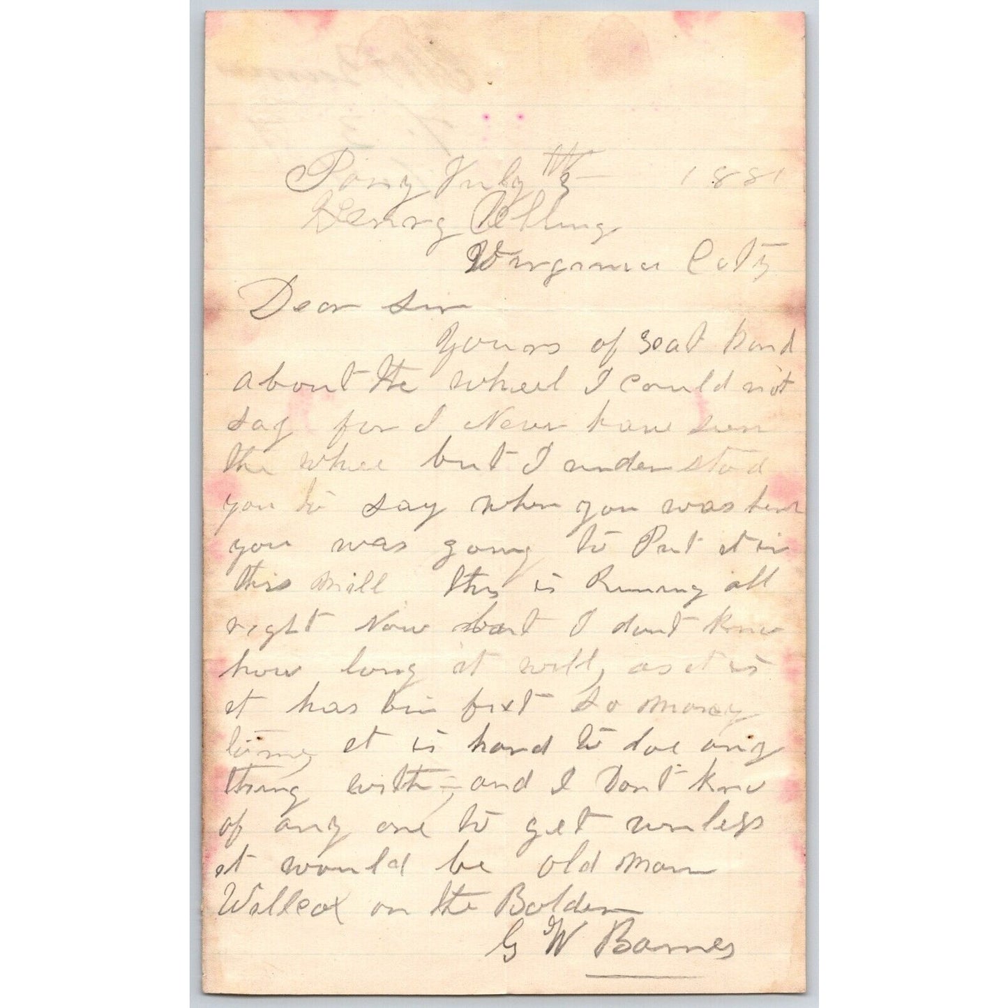 1881 G.W. Barnes Pony, MT ALS to Henry Elling* "..about the Wheel.." (For Mill?)