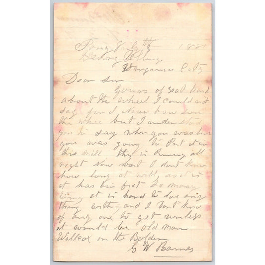 1881 G.W. Barnes Pony, MT ALS to Henry Elling* "..about the Wheel.." (For Mill?)