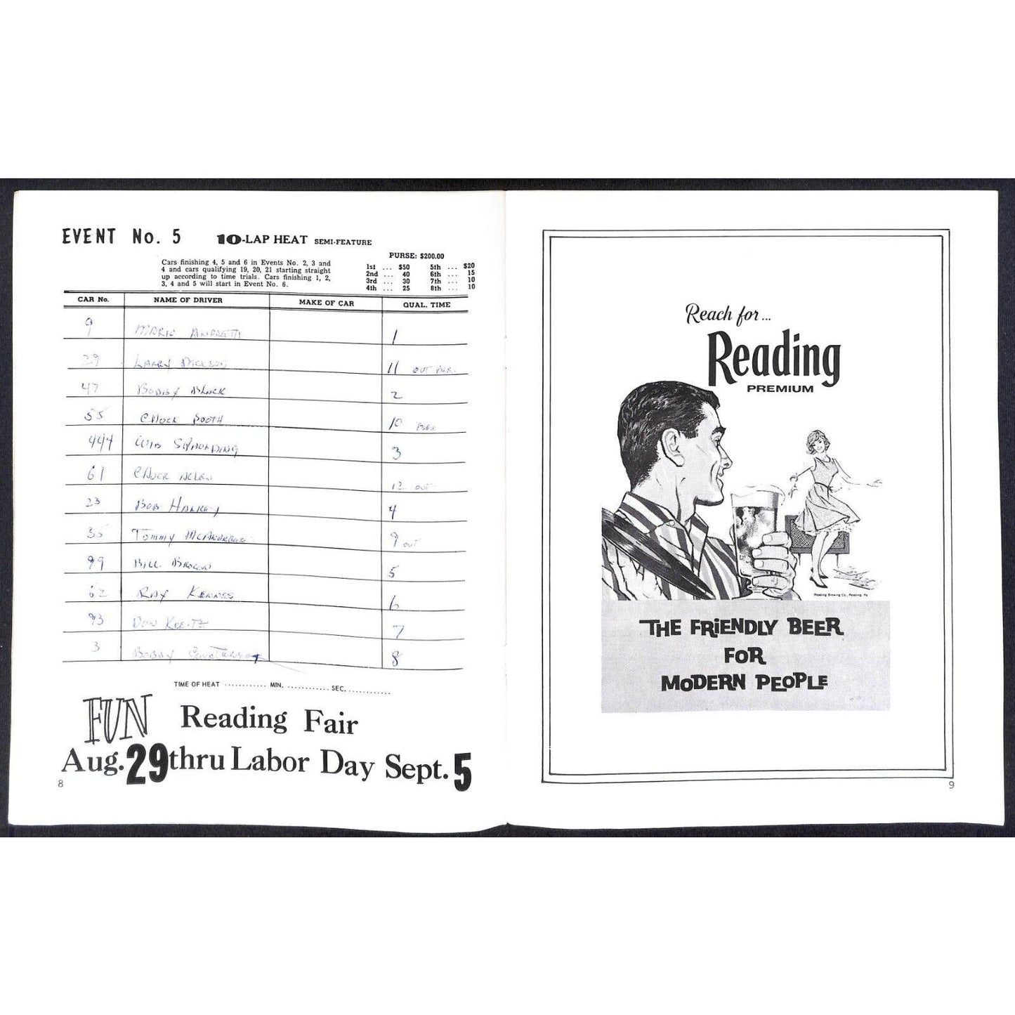 Reading Fairgrounds 1966 USAC Auto Races Program Sprint Car 8p* VGC Mario Scarce