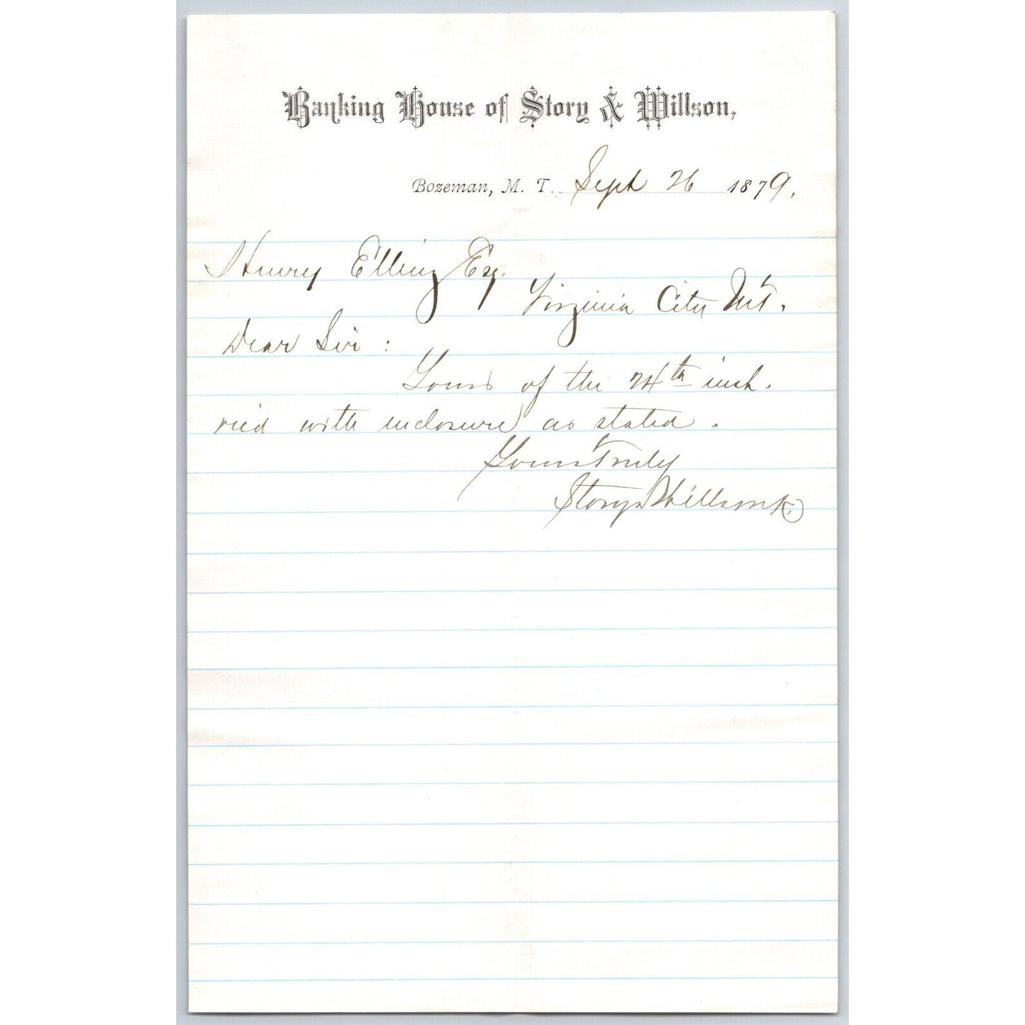 Banking House of Story & Nelson Bozeman, MT 9/26 1879 Letterhead Henry Elling*