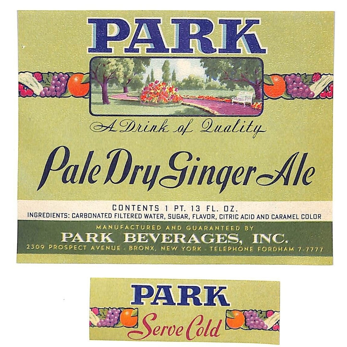 Park Ginger Ale Soda Bottle Label Set Park Beverages Bronx c1940's-50's Scarce