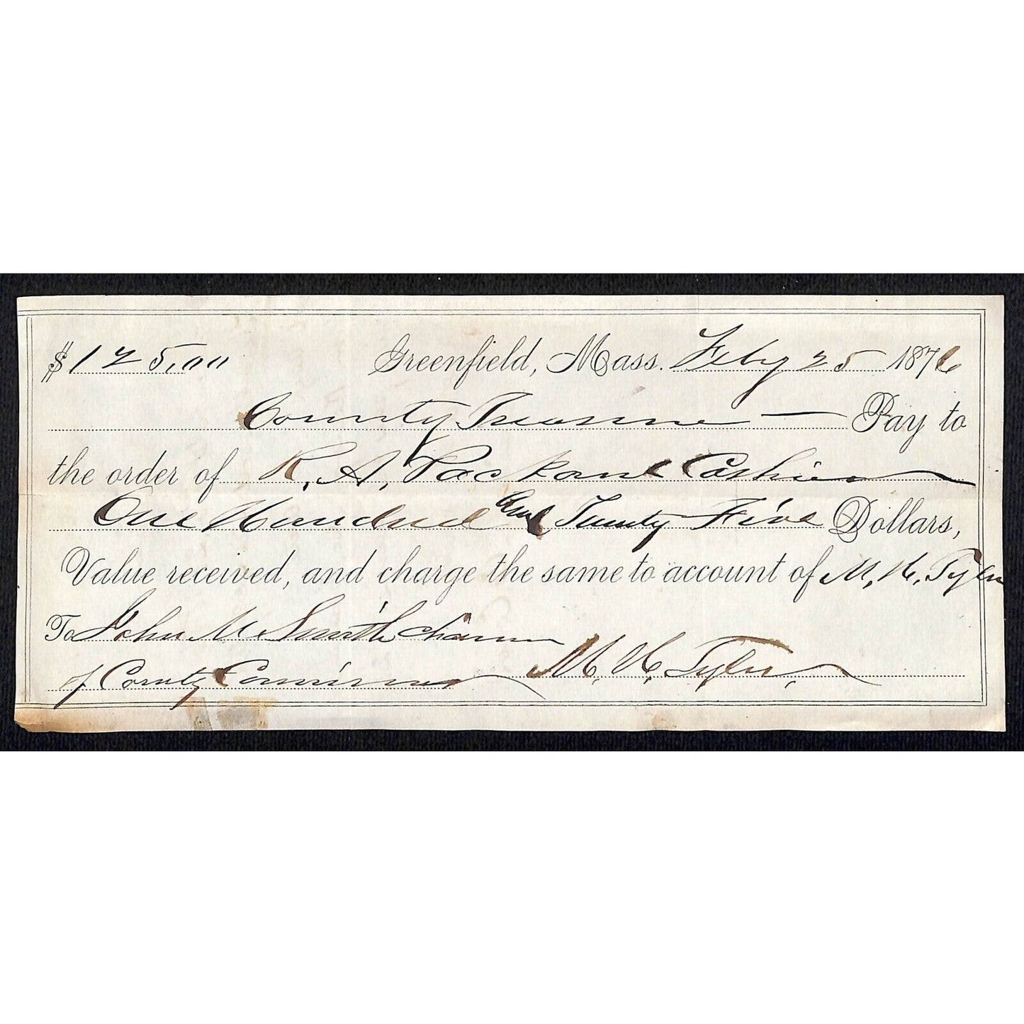1876 Greenfield, MA Receipt R.A. Packard / John M. Smith / Wm. Kellogg Co.