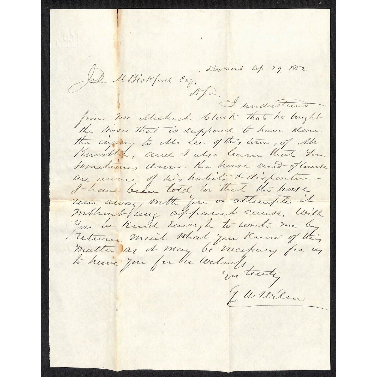 1852 ALS Bickford / Knowlton* Newburgh, ME re: "Injury to Mr. Lee of this Town"