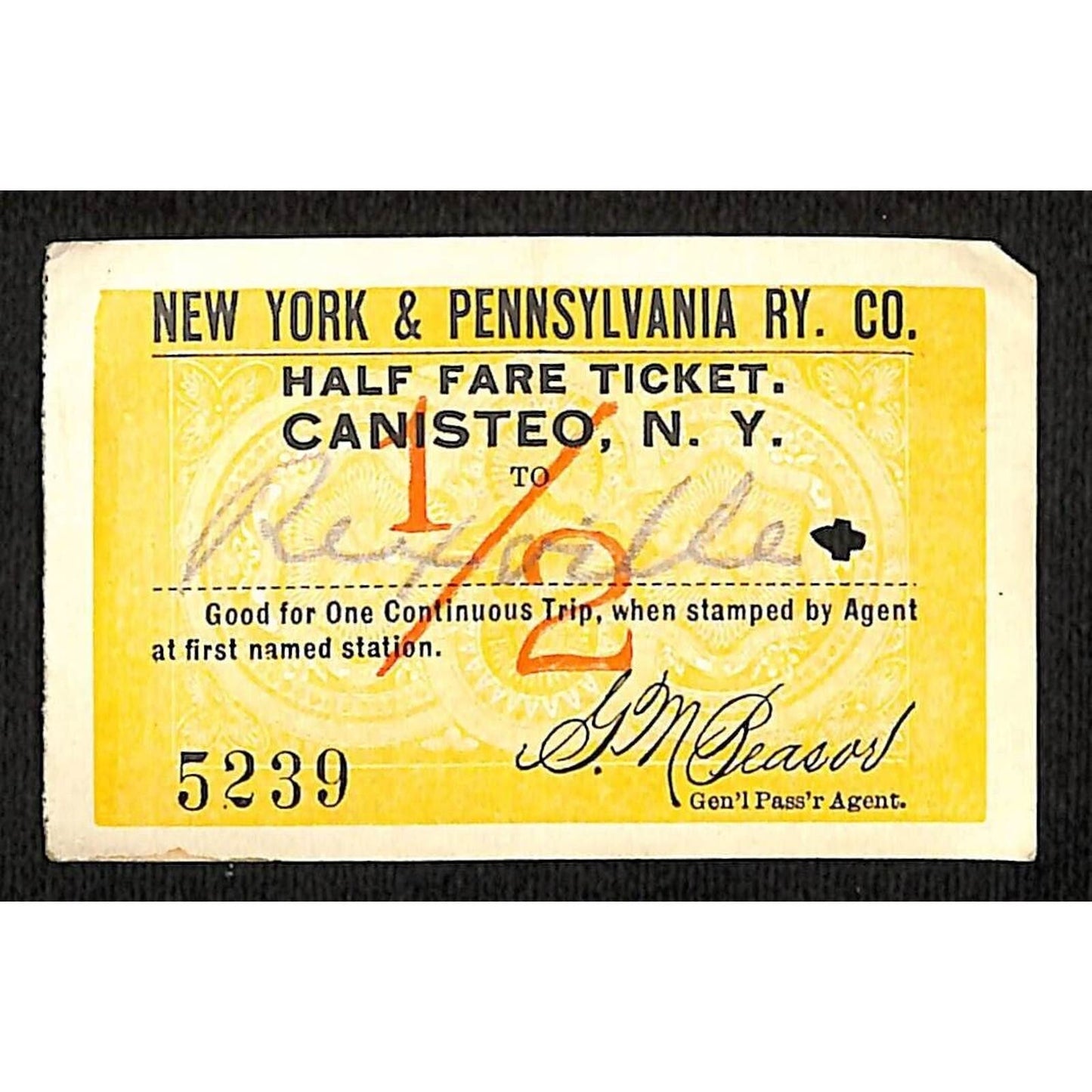 New York & Pennsylvania Railroad RY July 20 1917 Rexville 1/2 Fare Ticket #5239