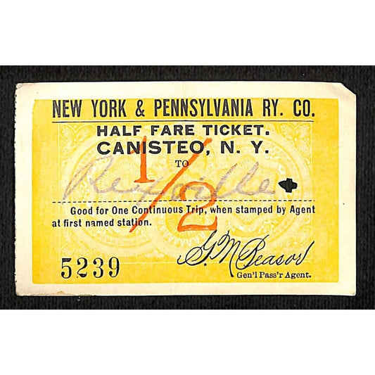 New York & Pennsylvania Railroad RY July 20 1917 Rexville 1/2 Fare Ticket #5239