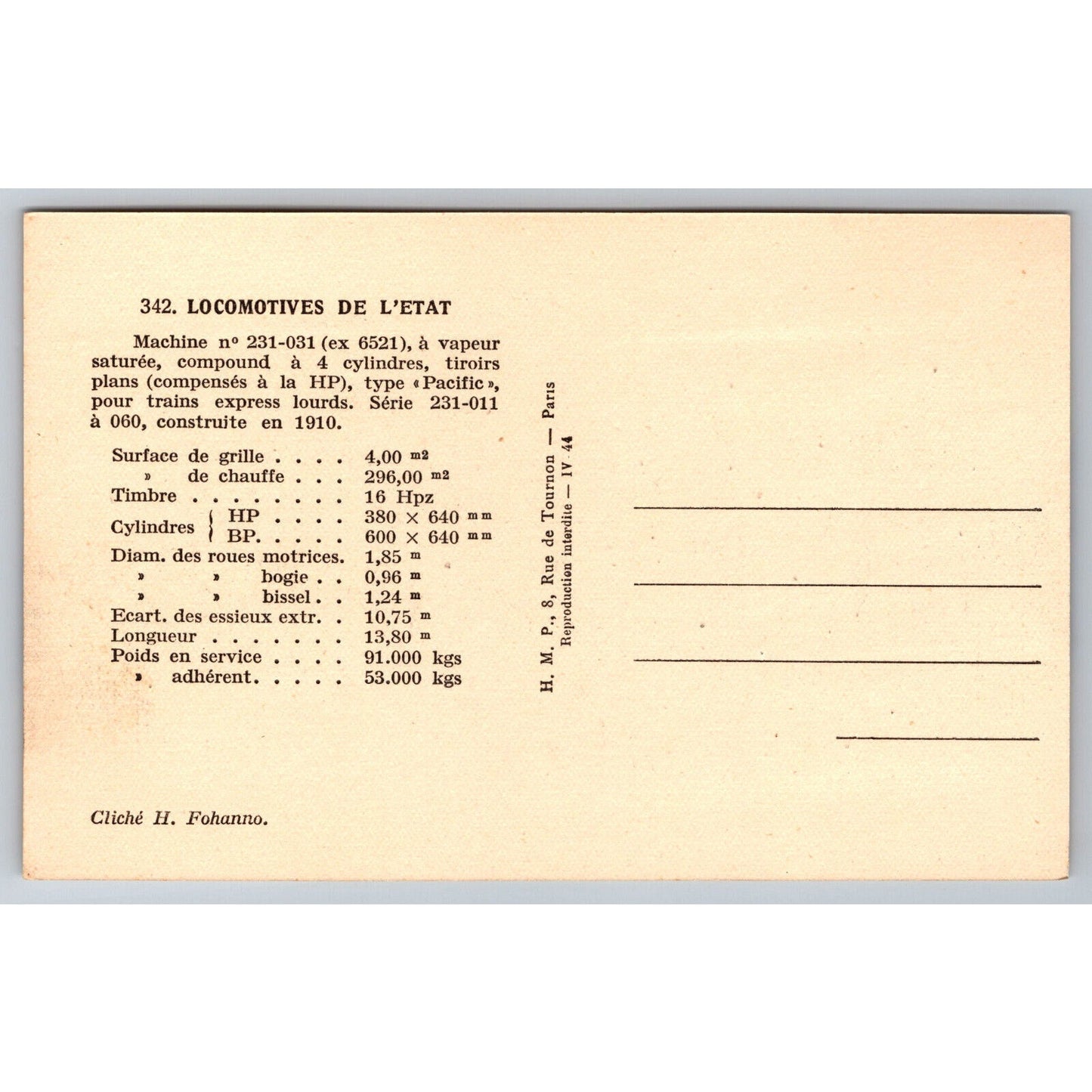 French Railroad RPPC* Postcard Machine 231-031 Series 231-011 - 060 c1900 H.M.P.