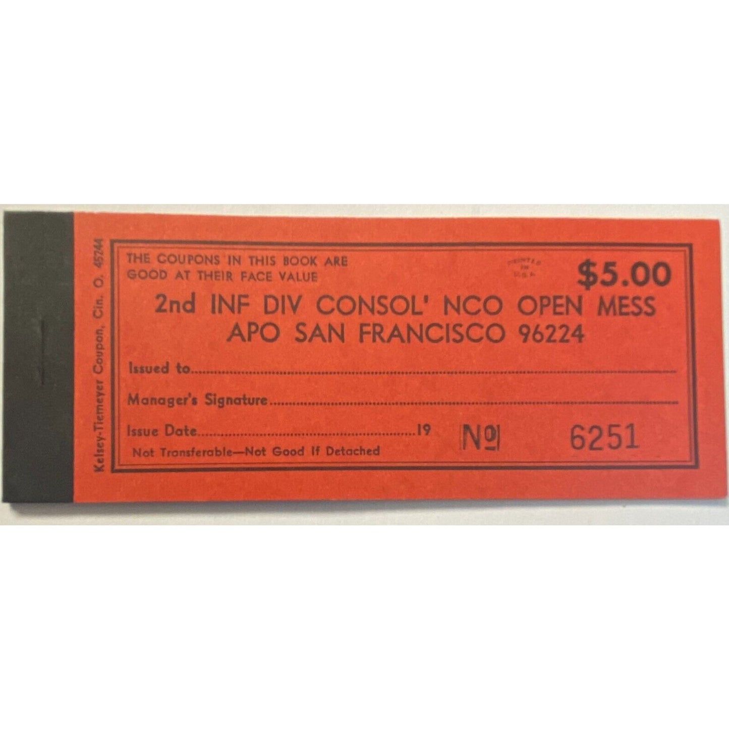 Korea 2nd Inf. Div. Consol' NCO Open Mess Partial $5.00 Coupon Booklet #6251 VGC