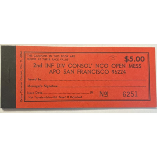 Korea 2nd Inf. Div. Consol' NCO Open Mess Partial $5.00 Coupon Booklet #6251 VGC