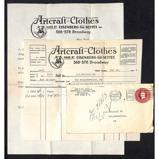 Artcraft Clothes Eisenberg & Settel Broadway NYC 1925 Billhead Letterhead Cover