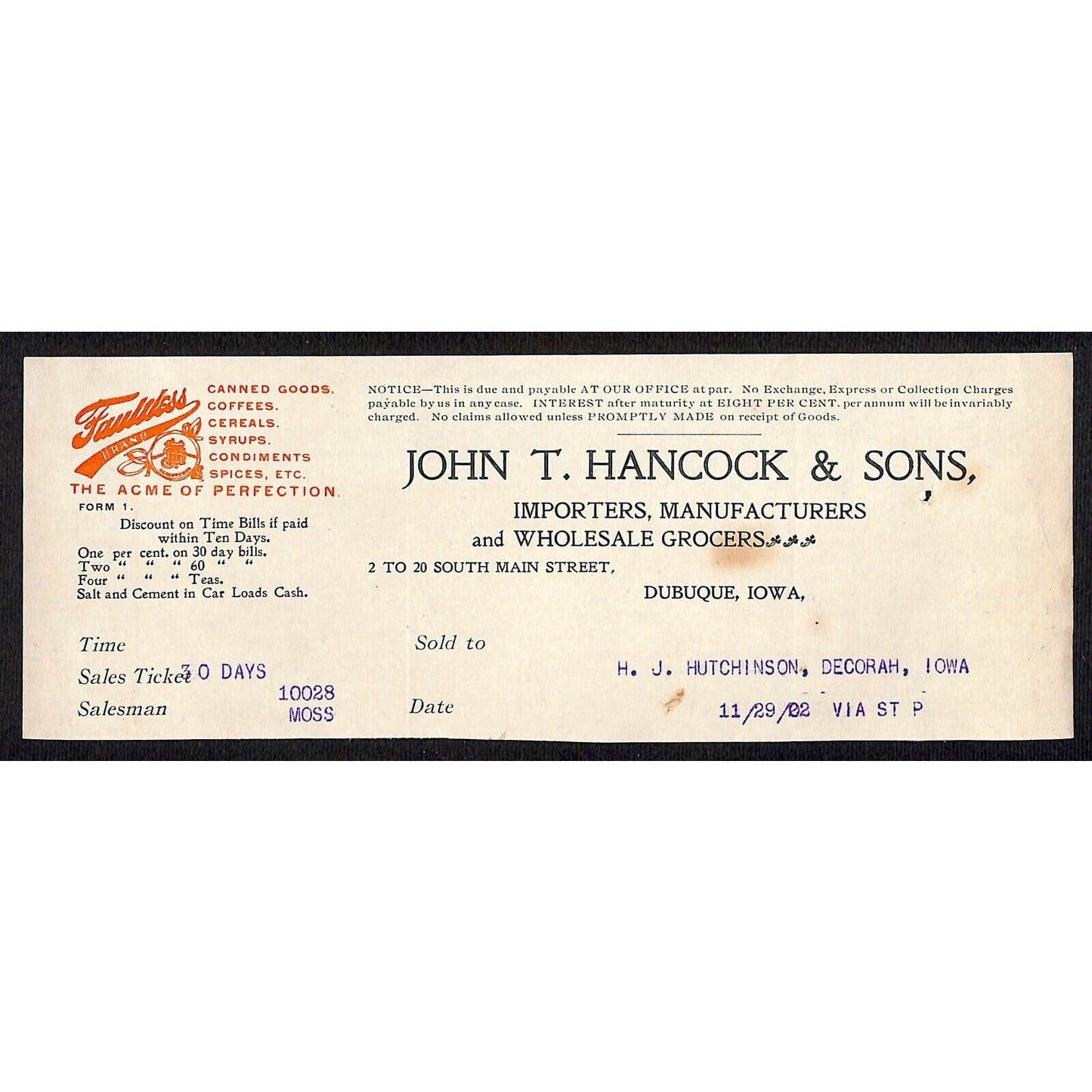 John T Hancock & Sons Dubuque Grocers Hutchinson Decorah* Nov. 1902 Cut Billhead