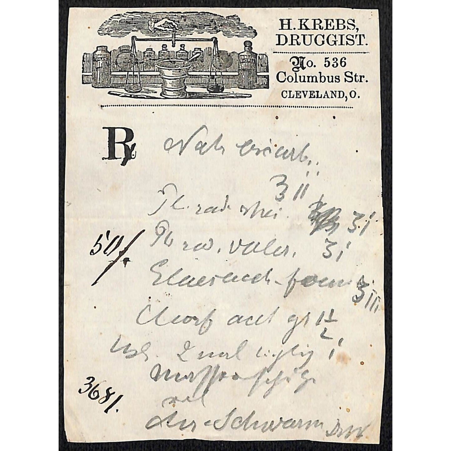 H. Krebs, Druggist Columbus St. Cleveland c1870's* Prescription #3681