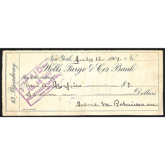1901 Wells Fargo & Co Bank 63 Broadway NYC Check to A. Jefferies