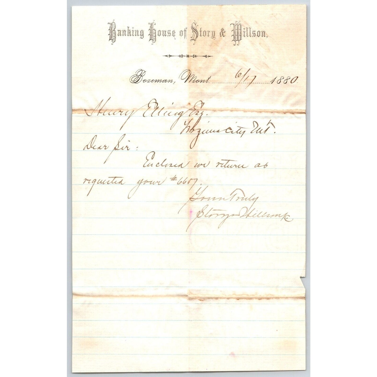 Banking House of Story & Nelson Bozeman, MT 6/17 1880 Letterhead Henry Elling*