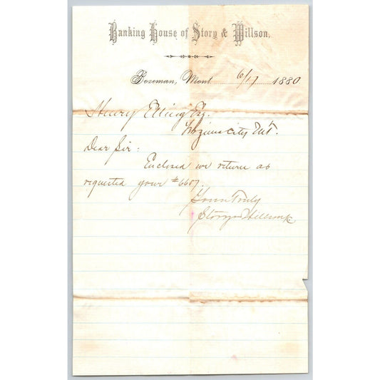 Banking House of Story & Nelson Bozeman, MT 6/17 1880 Letterhead Henry Elling*
