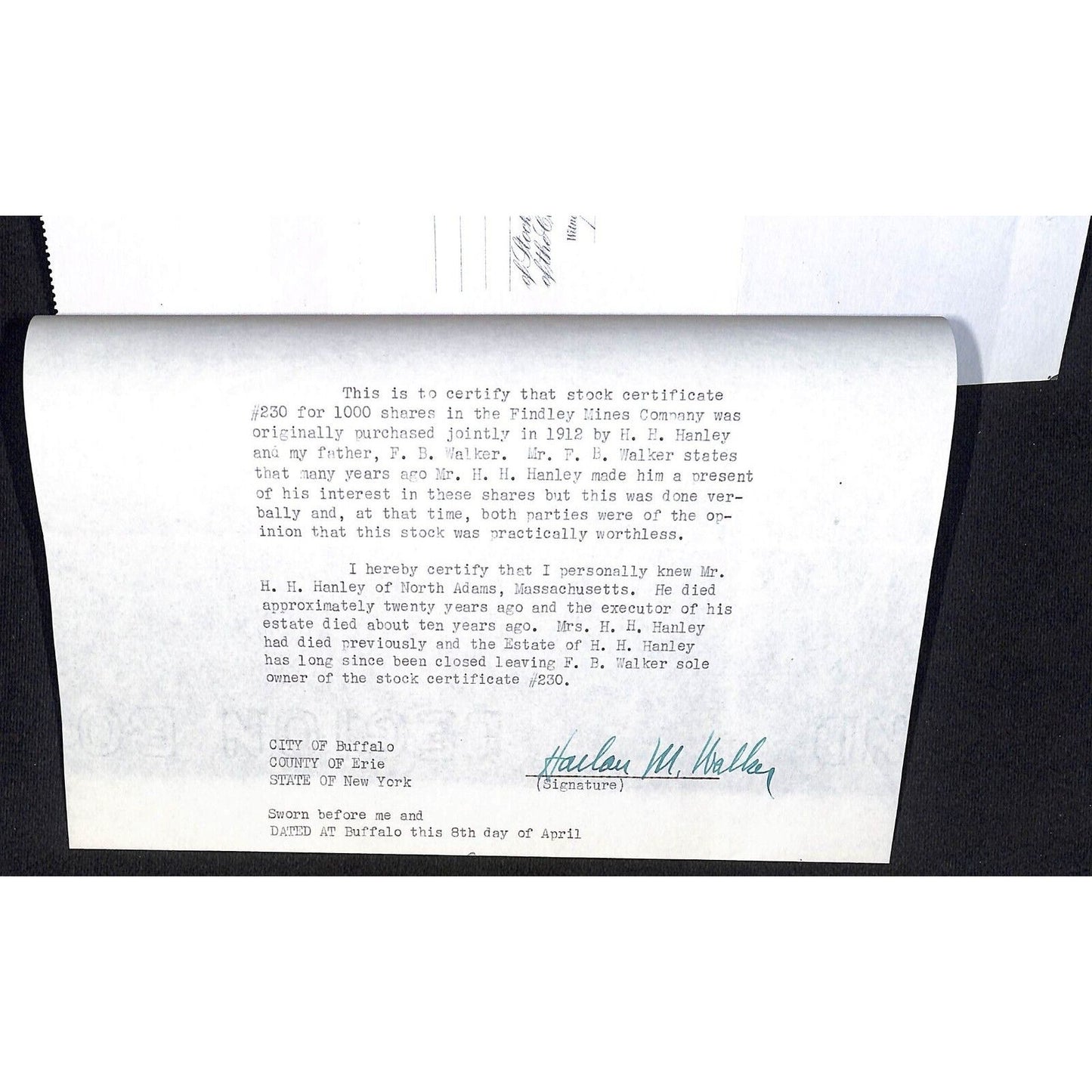 Findley Mines Co. 1912 Cripple Creek Stock Certificate w/ L.G. Carlton Sig. #230