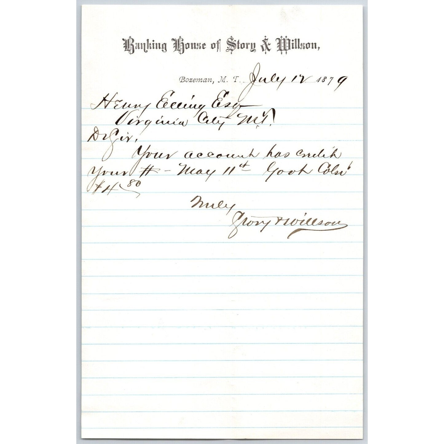 Banking House of Story & Nelson Bozeman, MT 7/12 1879 Letterhead - Henry Elling*
