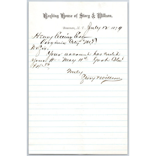 Banking House of Story & Nelson Bozeman, MT 7/12 1879 Letterhead - Henry Elling*