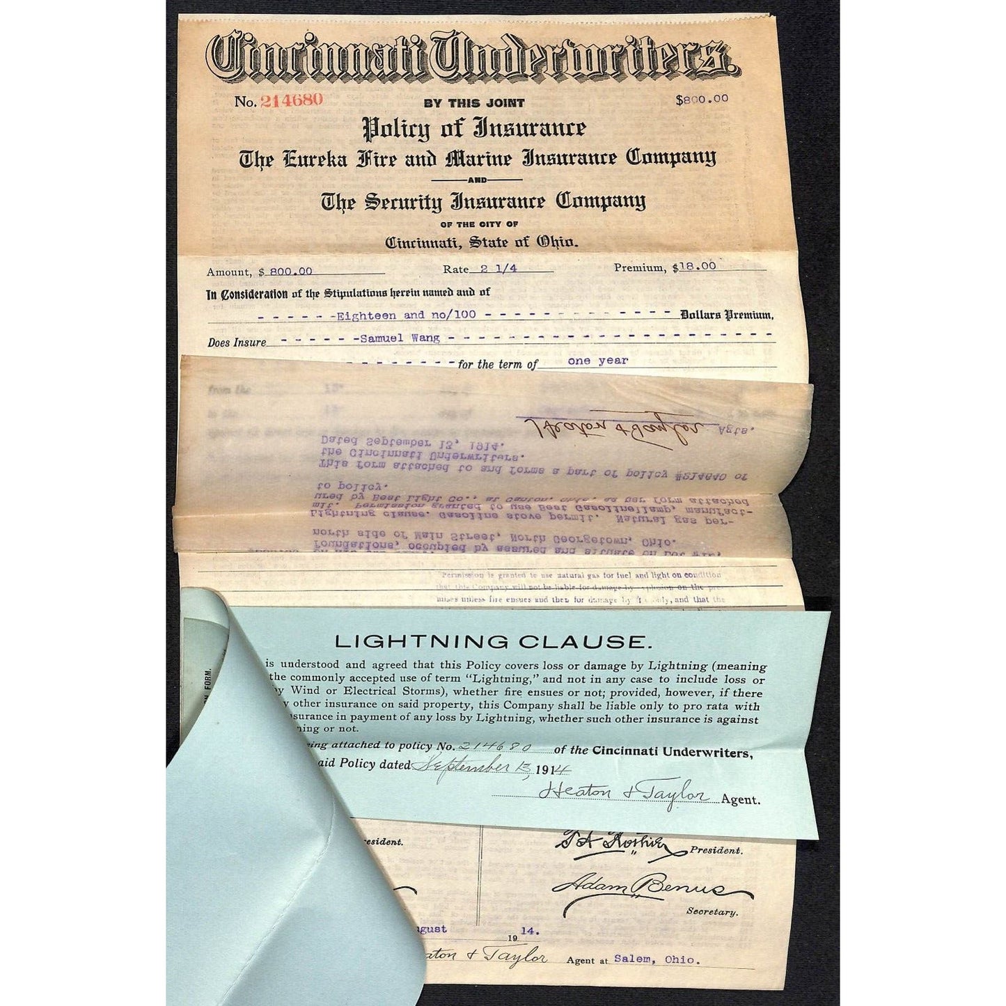 Heaton & Taylor Insurance Salem Samuel Wang Co* North Georgetown 1915 Policy