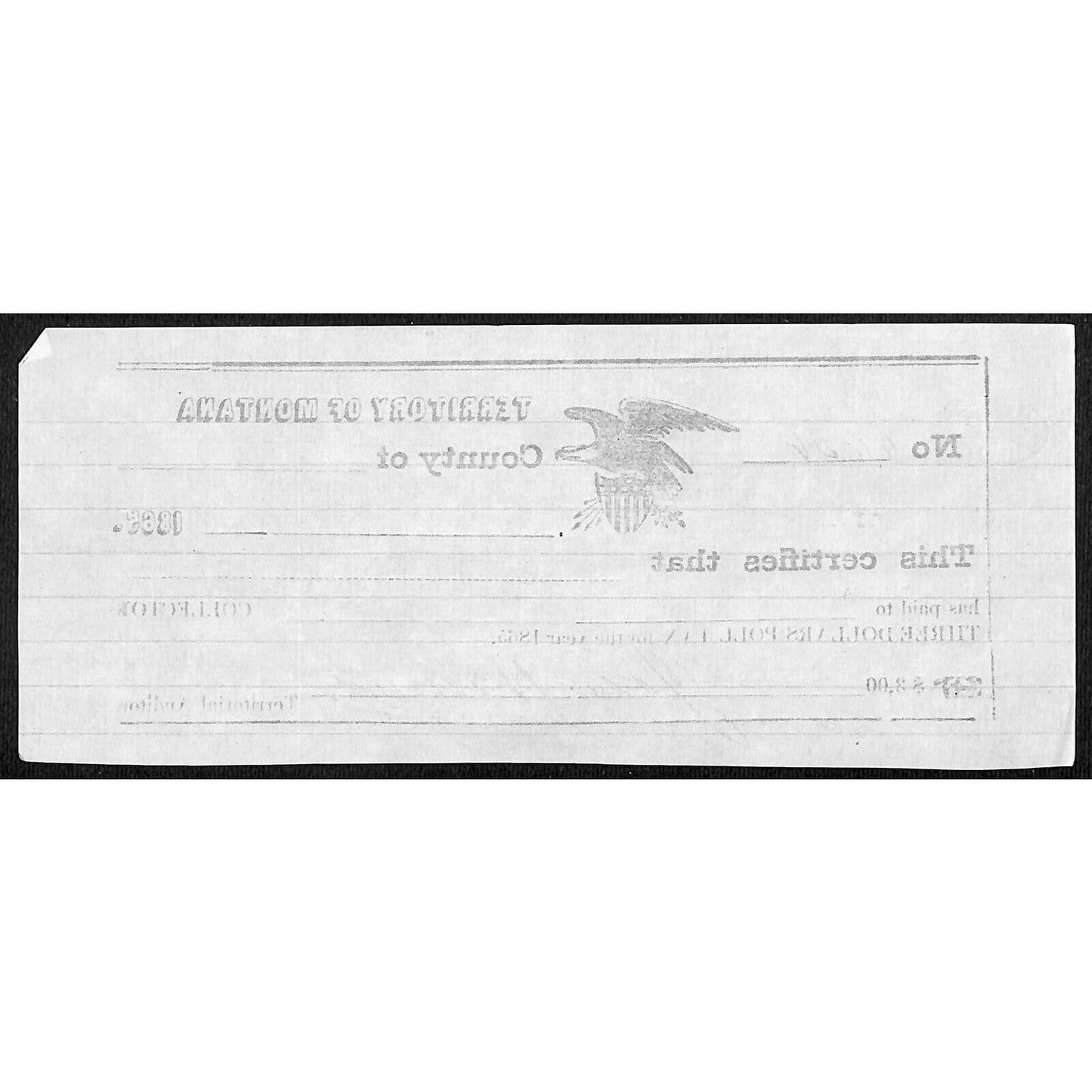 1865 Territory of Montana $3 Poll Tax Receipt #6636 VGC Scarce