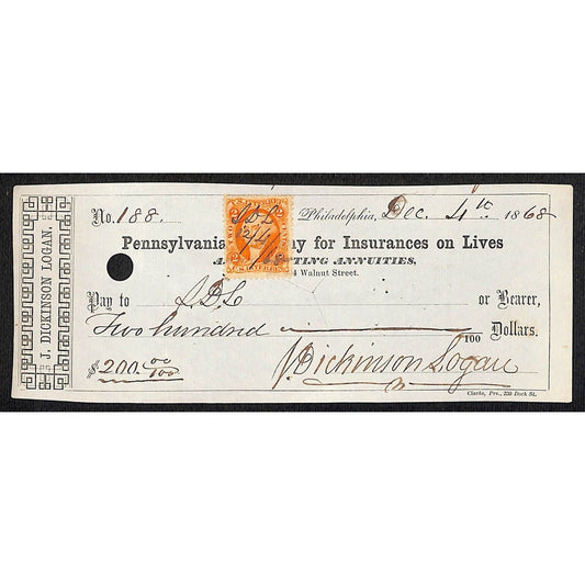 1868 Pennsylvania Company for Insurances on Lives w/ Rev #188 $200