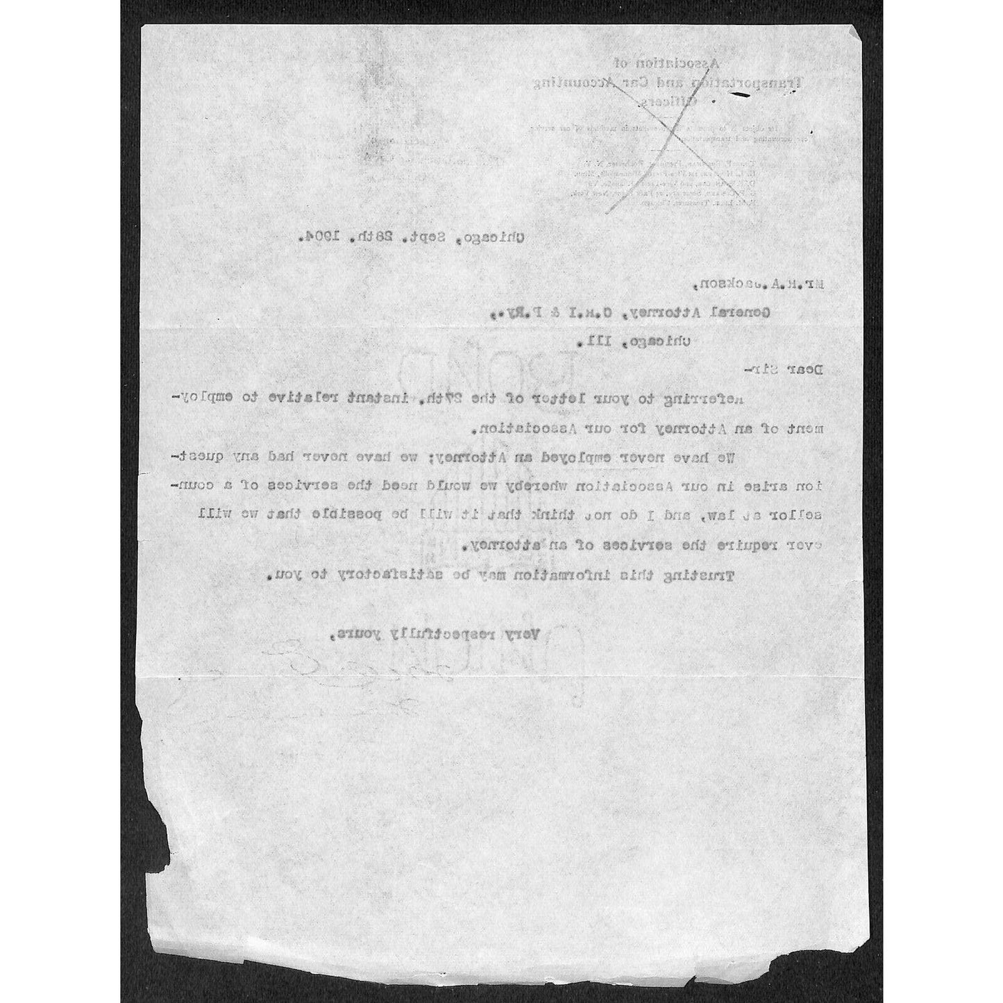 Association of Transportation and Car Accounting Officers 1904 Letterhead RR
