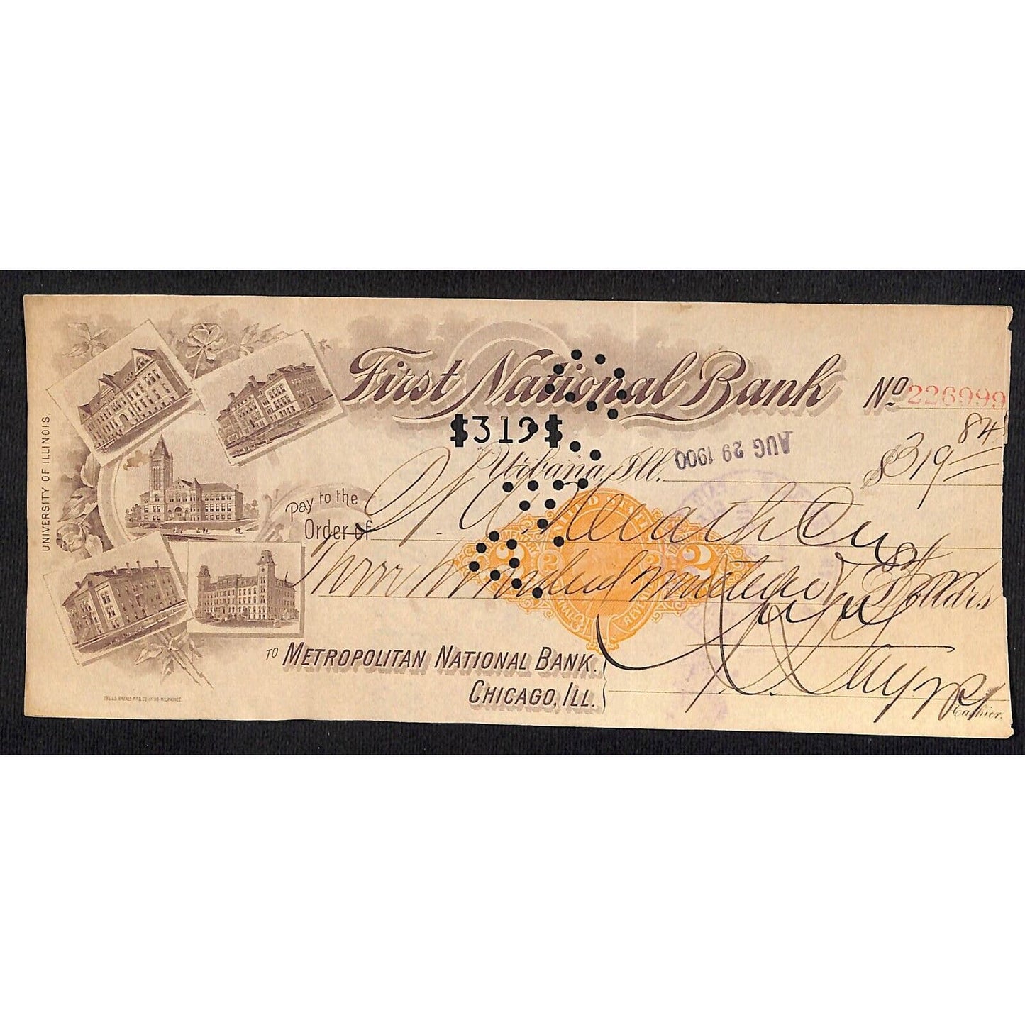 FNB Urbana, IL $319 1900 Bank Check Revenue Stamp w/ University Vignette