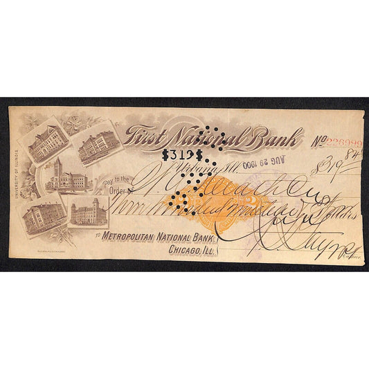 FNB Urbana, IL $319 1900 Bank Check Revenue Stamp w/ University Vignette