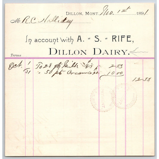 Dillon MT A.S. Rife Dillon Dairy 1891 Billhead 28 Quarts Milk R.C. Halliday*