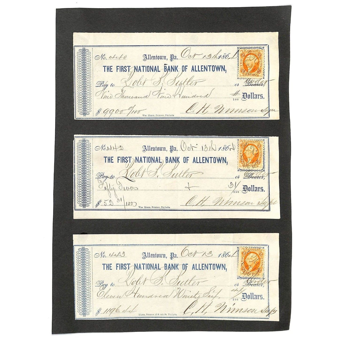 Group of 3 1861 "Robt. P. Butler" FNB Allentown, PA Bank Checks w/ Tax Stamps