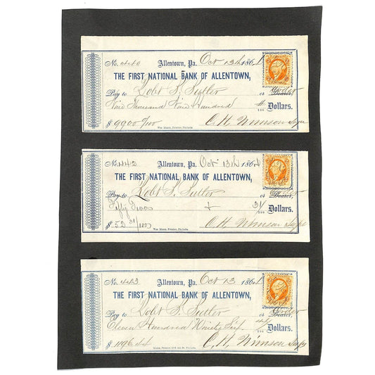 Group of 3 1861 "Robt. P. Butler" FNB Allentown, PA Bank Checks w/ Tax Stamps