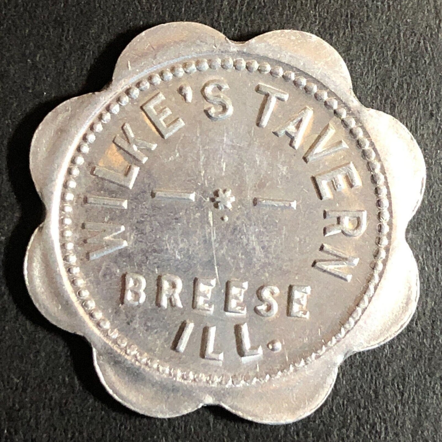 Wilke's Tavern Breese, IL Alum. G/F 5c Scalloped Trade Token 29mm c1948-52