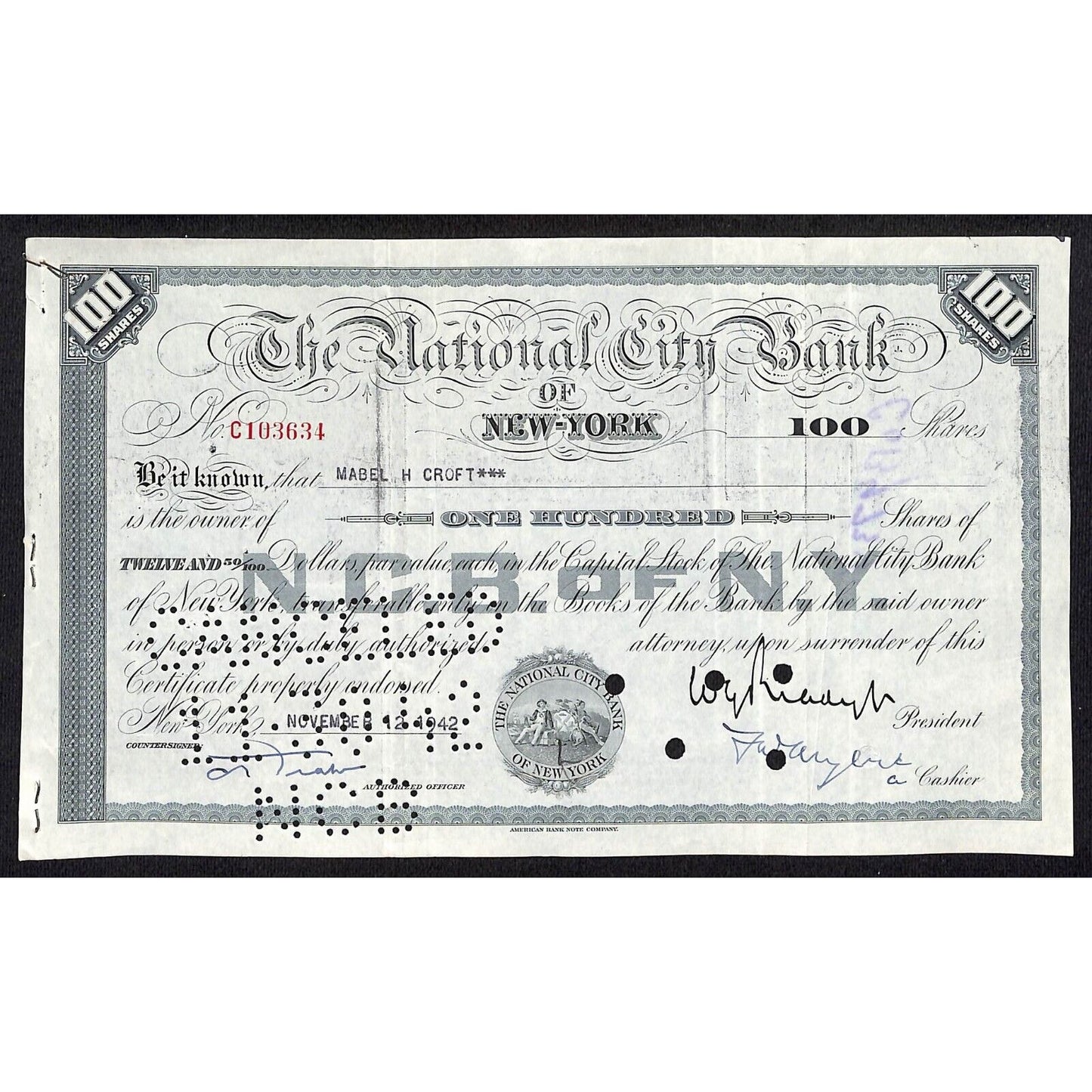National City Bank of New York 1942 Stock Certificate to Mabel H. Croft