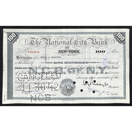 National City Bank of New York 1942 Stock Certificate to Mabel H. Croft