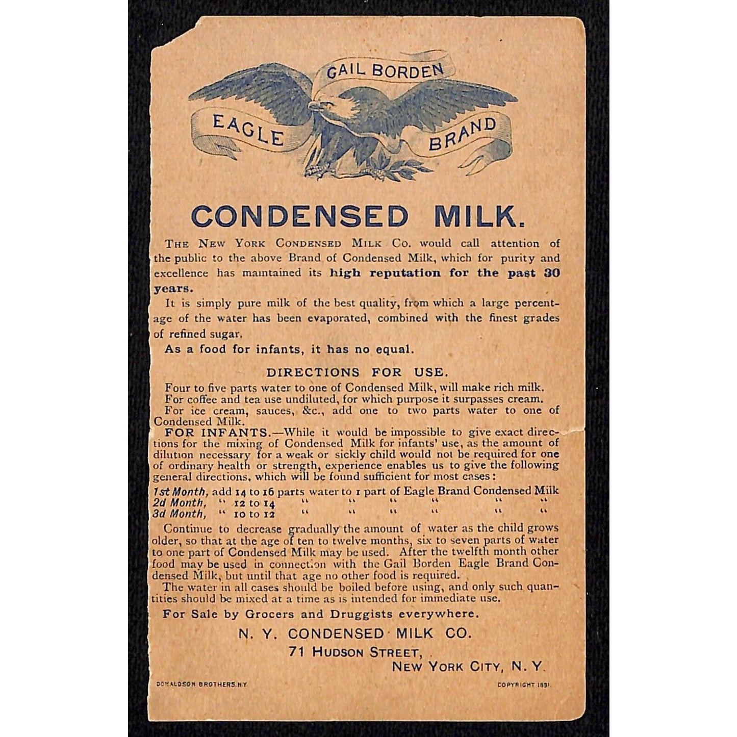 Gail Borden Eagle Brand Milk Victorian Trade Card Baby Sleeps Dog Sucks Bottle