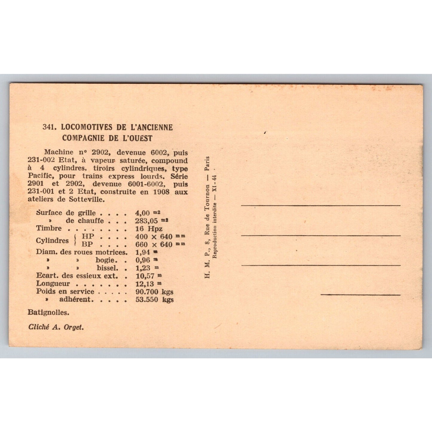 French Railroad RPPC* Postcard Machine 2902 Series 2901-2902 c1900 H.M.P.
