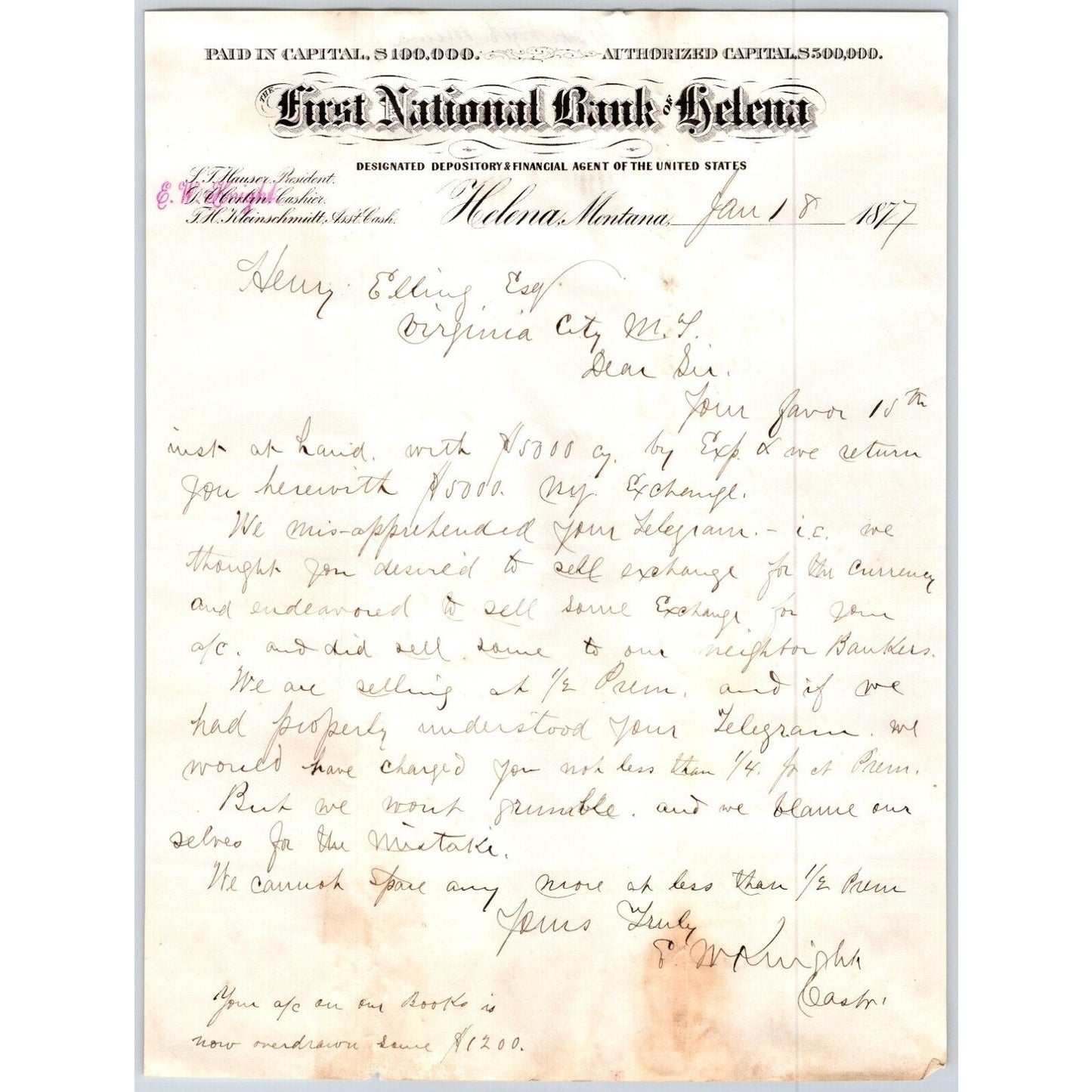 First National Bank of Helena, MT 1877 ALS Letterhead to Henry Elling*