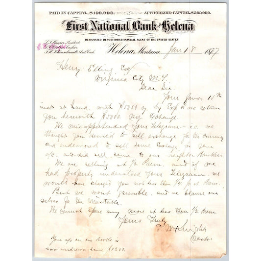 First National Bank of Helena, MT 1877 ALS Letterhead to Henry Elling*