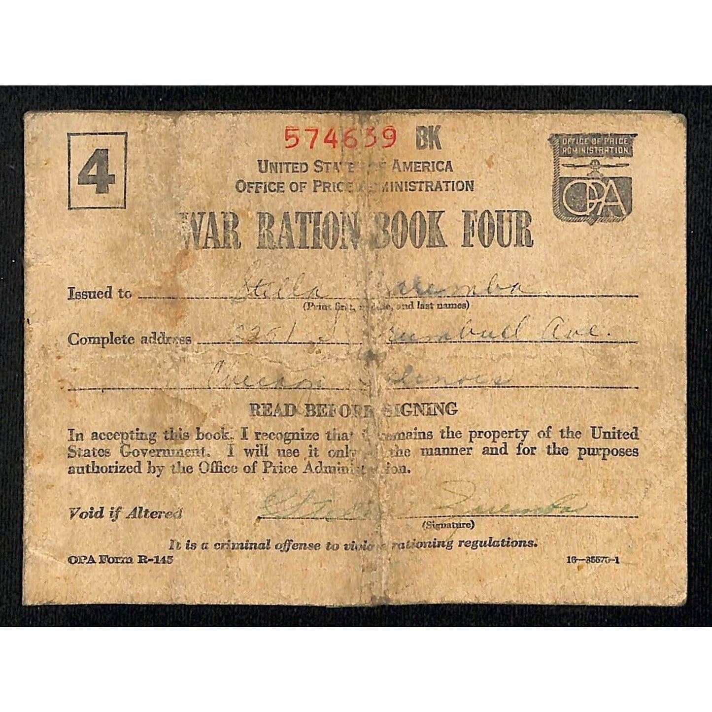 U.S. WWII War Ration Book Four Issued to a Chicago Resident c1943 #574639