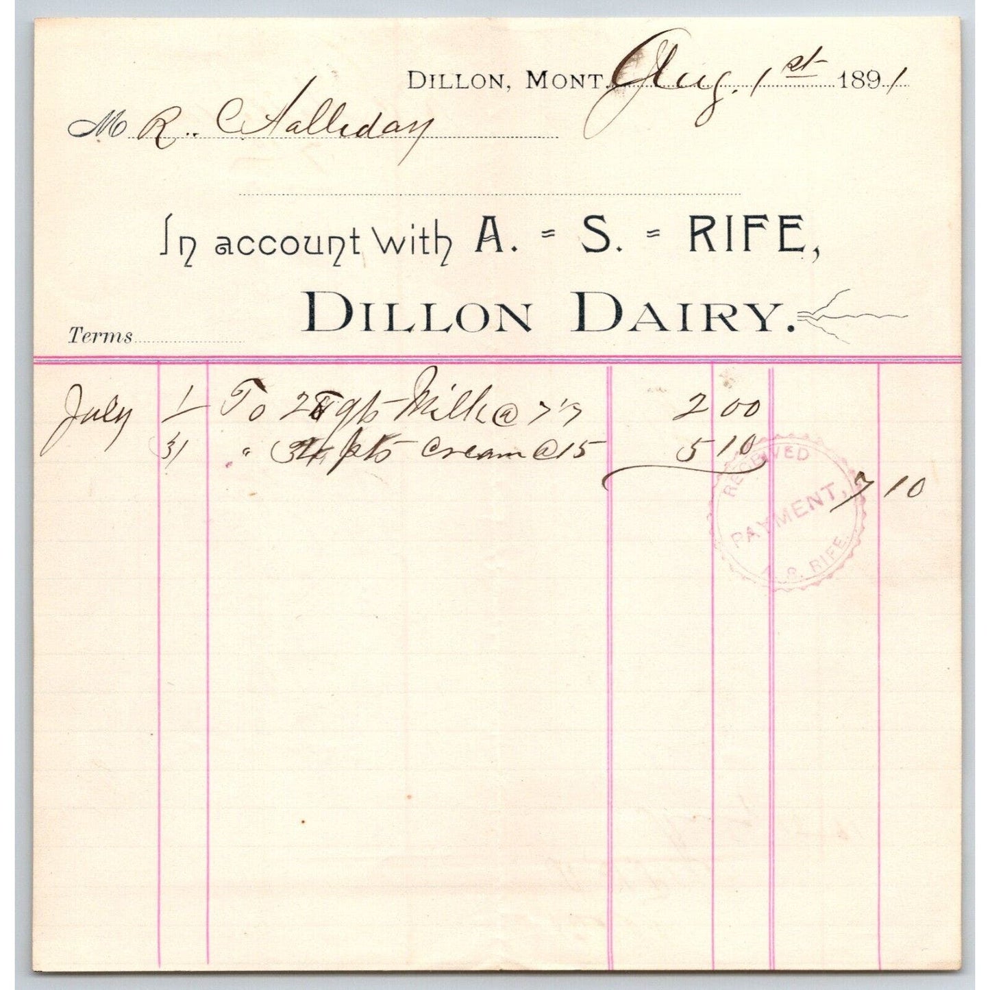 Dillon MT A.S. Rife Dillon Dairy 1891 Billhead Qts. Milk Cream R.C. Halliday*