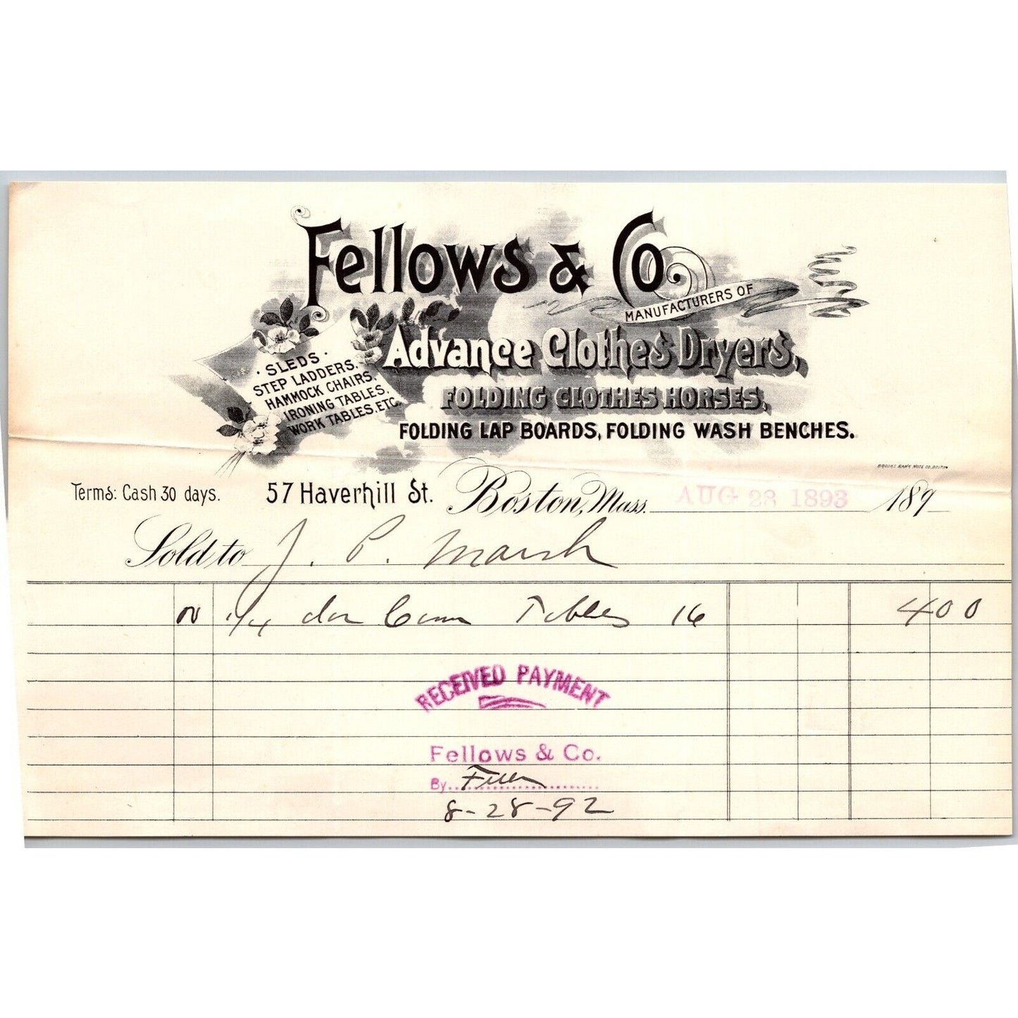 Fellows & Co. Advance Clothes Dryers / Horses Boston 1893 Billhead VGC