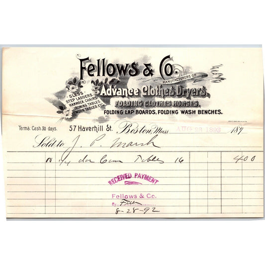 Fellows & Co. Advance Clothes Dryers / Horses Boston 1893 Billhead VGC