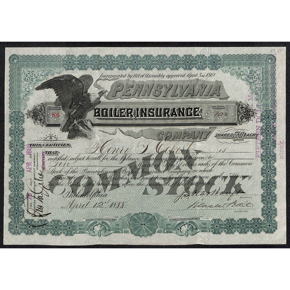 Pennsylvania Boiler Insurance 1888 Stock Certificate to Henry S. Eckert Scarce