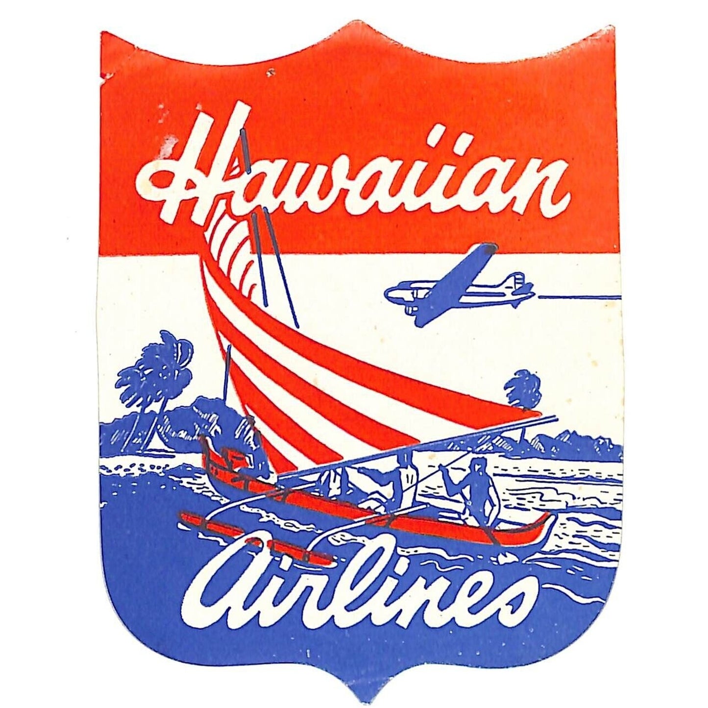 Hawaiian Airlines Original Luggage Label Patriotic Badge DC-3 Boat c1940's-50's