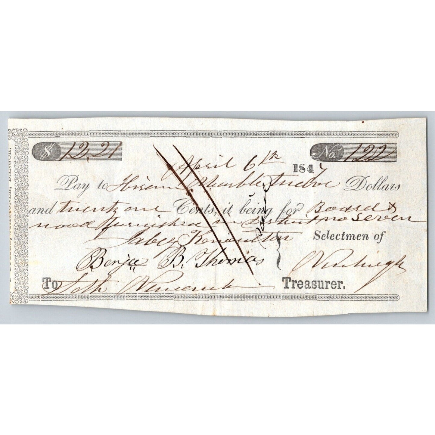 1847 Jabez Knowlton* Newburgh ME Town Check for Board and Wood Furnished?