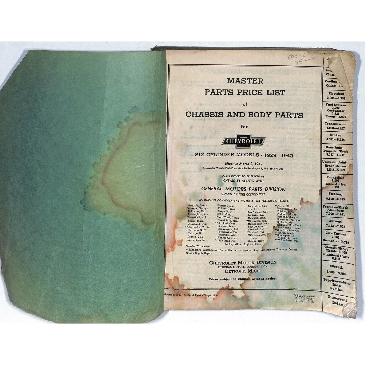 1929 - 1942 Chevrolet Master Parts Price List Manual 550+pp 2 1/4 lbs.