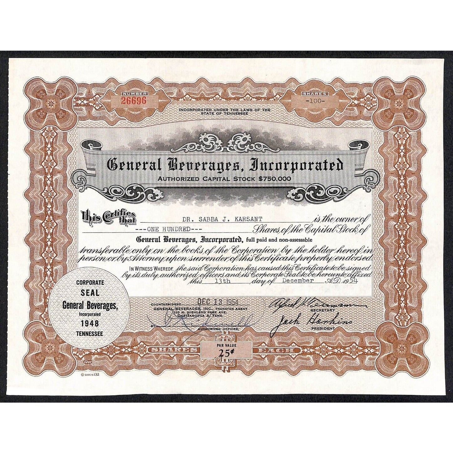 General Beverages, Inc.* Tennessee 1954 Stock Certificate Sabba J. Karsant