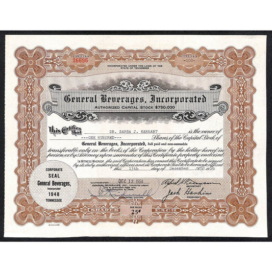 General Beverages, Inc.* Tennessee 1954 Stock Certificate Sabba J. Karsant