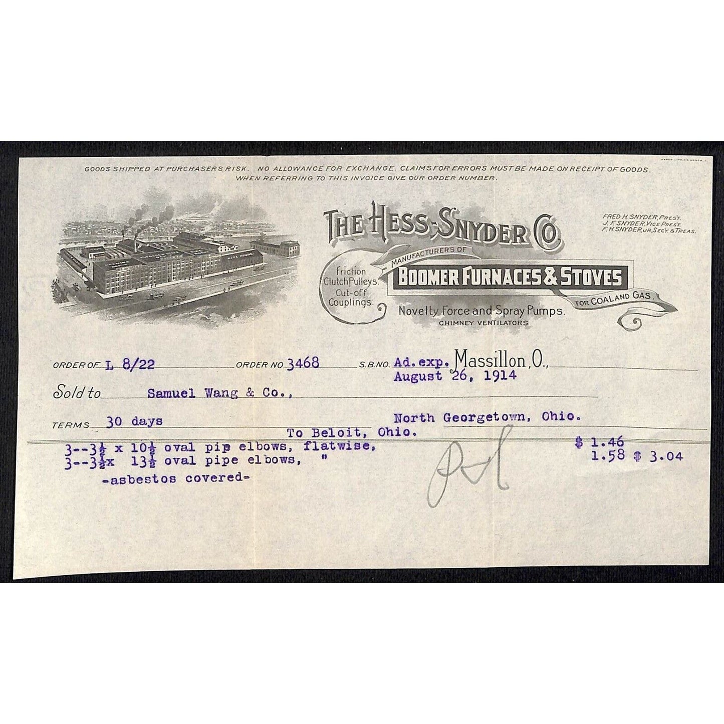 Hess-Snyder Co Furnaces Stoves Massillon Billhead 1914 Samuel Wang* N Georgetown