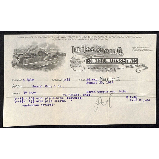Hess-Snyder Co Furnaces Stoves Massillon Billhead 1914 Samuel Wang* N Georgetown