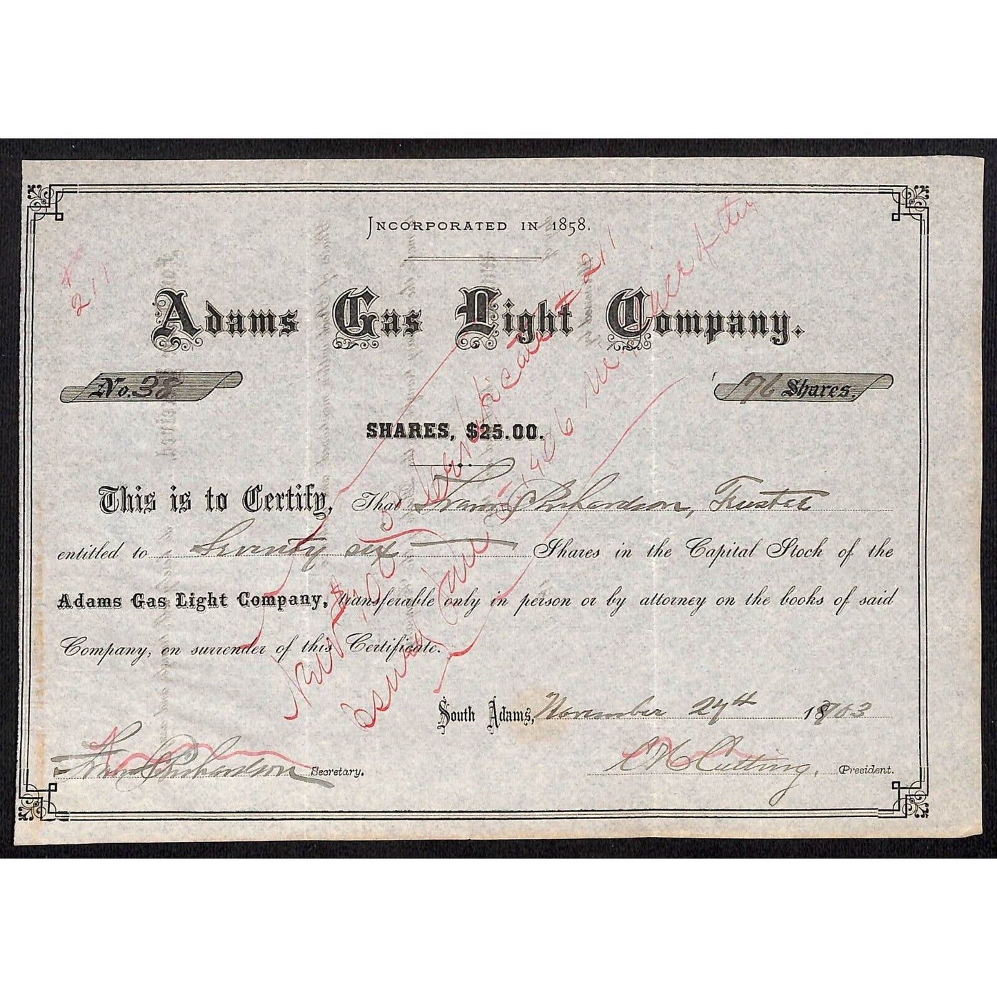 Adams Gas Light Company South Adams, MA 1903 Stock Certificate Scarce VGC
